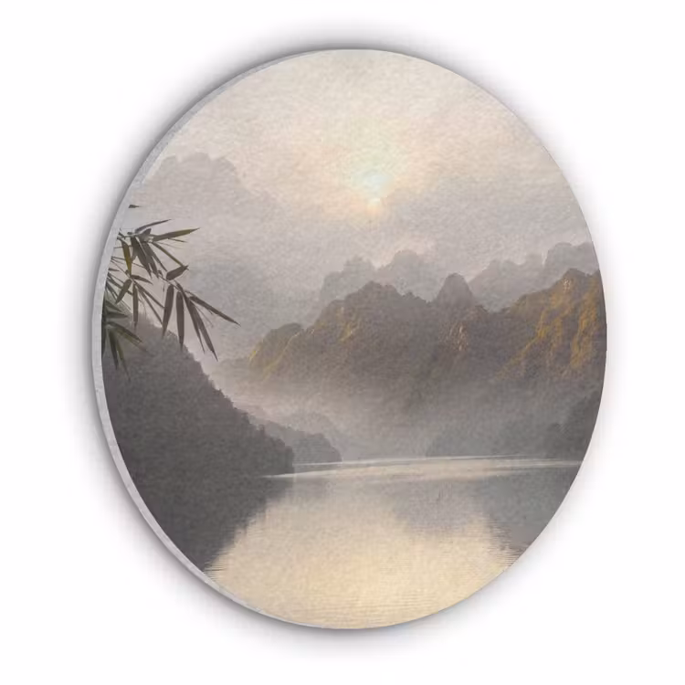 Bergen - Water - Mist - Natuur - Landschap Akoestische PET Vilt - Rond klein -3d