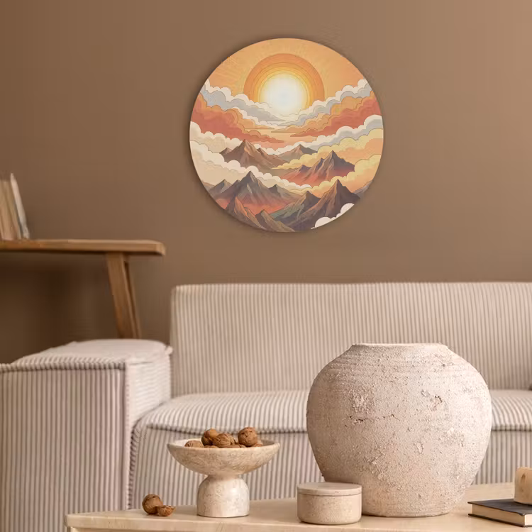 Bergen - Wolken - Natuur - Zonsopgang - Oranje Akoestische PET Vilt - Rond klein -sfeer1