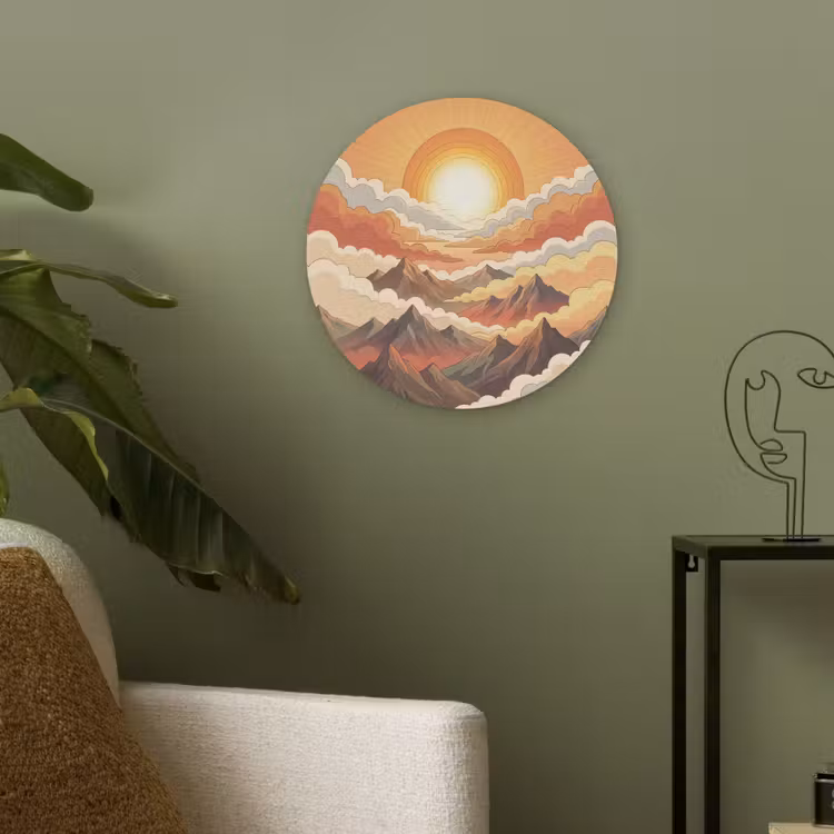 Bergen - Wolken - Natuur - Zonsopgang - Oranje Akoestische PET Vilt - Rond klein -sfeer2