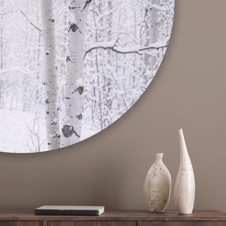 Berkenbomen - Sneeuw - Winter - Bos - Wit Akoestische PET Vilt - Rond klein -sfeer5_closeup