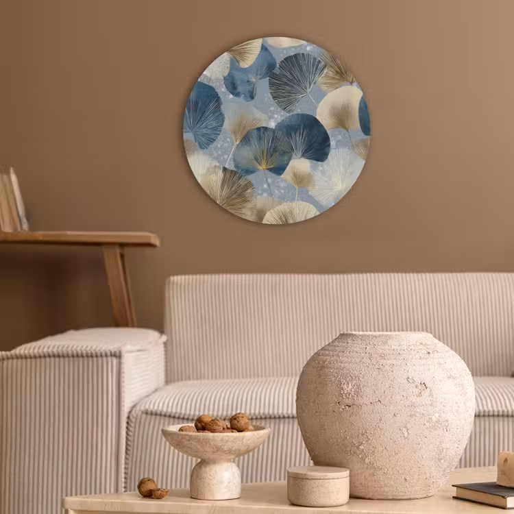 Bladeren - Abstract - Goud - Blauw Akoestische PET Vilt - Rond klein -sfeer1