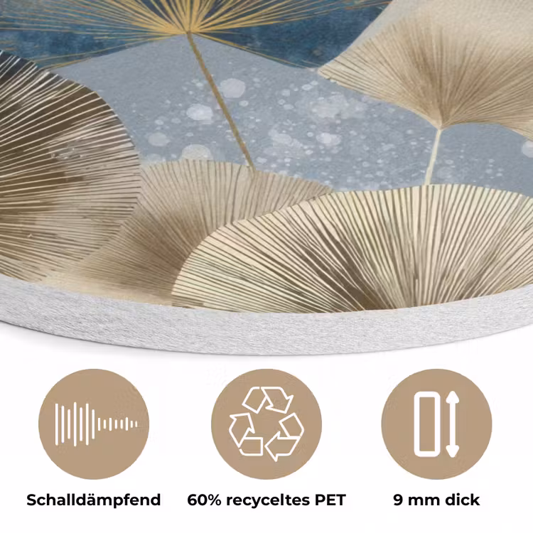 Bladeren - Abstract - Goud - Blauw Akoestische PET Vilt - Rond klein -closeup_DE