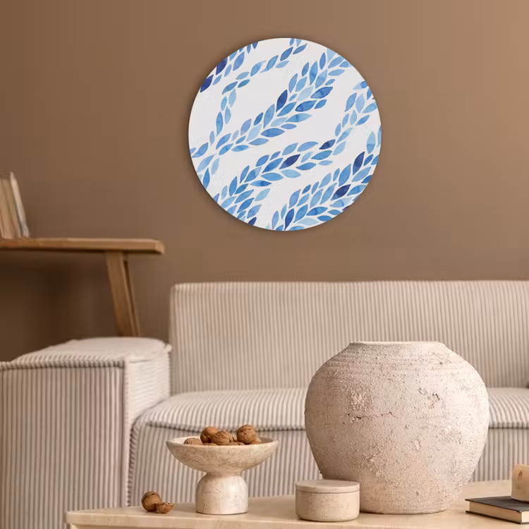 Bladeren - Aquarel - Patroon - Modern - Blauw Akoestische PET Vilt - Rond klein -sfeer1