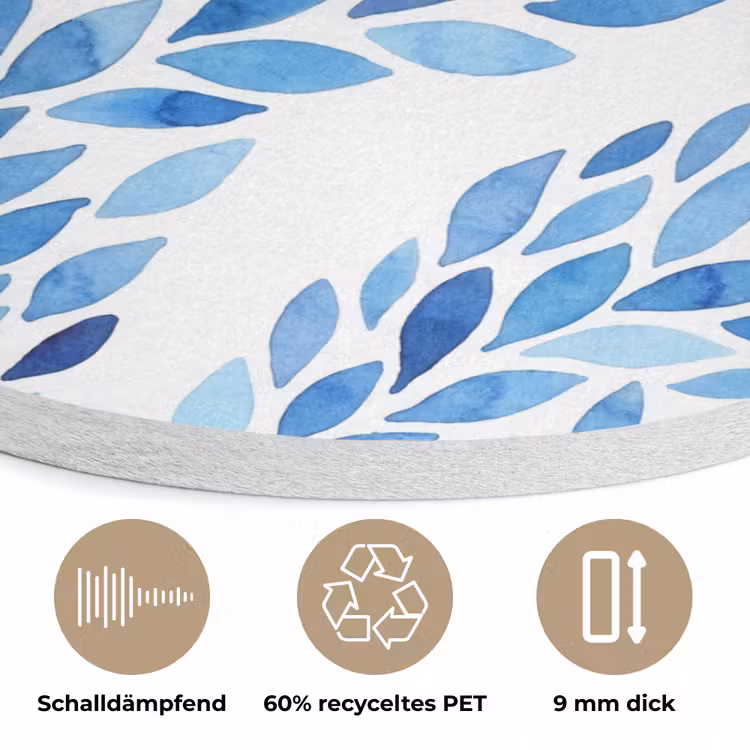 Bladeren - Aquarel - Patroon - Modern - Blauw Akoestische PET Vilt - Rond klein -closeup_DE