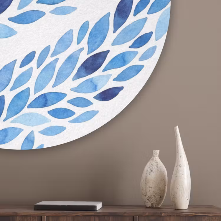 Bladeren - Aquarel - Patroon - Modern - Blauw Akoestische PET Vilt - Rond klein -sfeer5_closeup