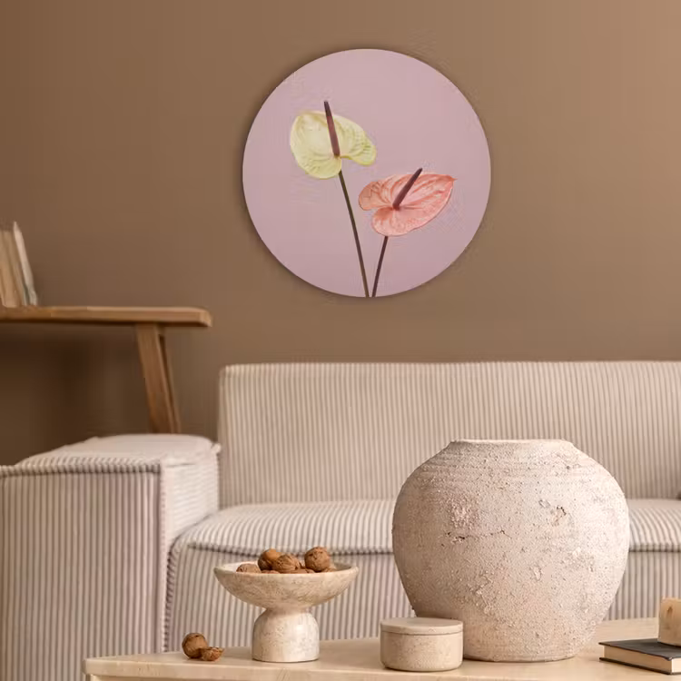 Bloemen - Anthuriums - Geel - Roze Akoestische PET Vilt - Rond klein -sfeer1
