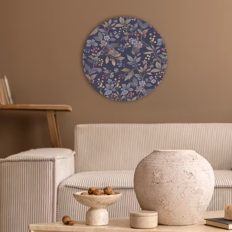 Bloemen - Bladeren - Patroon - Botanisch - Donkerblauw Akoestische PET Vilt - Rond klein -sfeer1