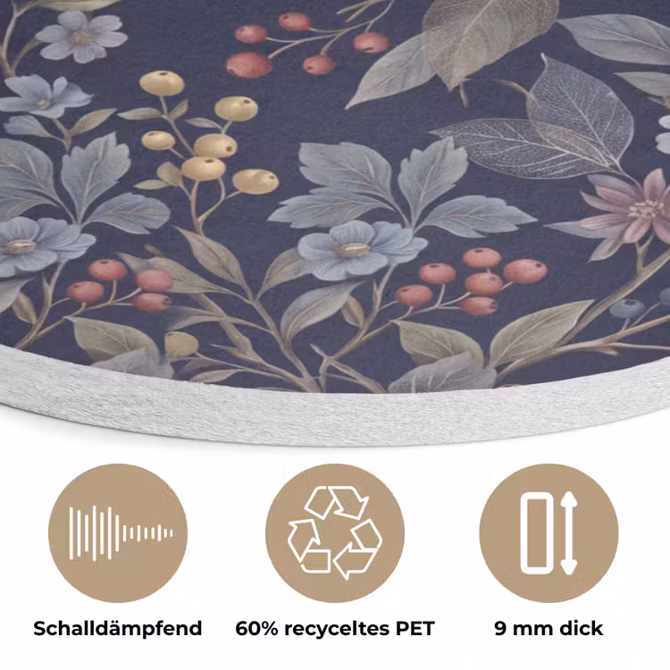 Bloemen - Bladeren - Patroon - Botanisch - Donkerblauw Akoestische PET Vilt - Rond klein -closeup_DE