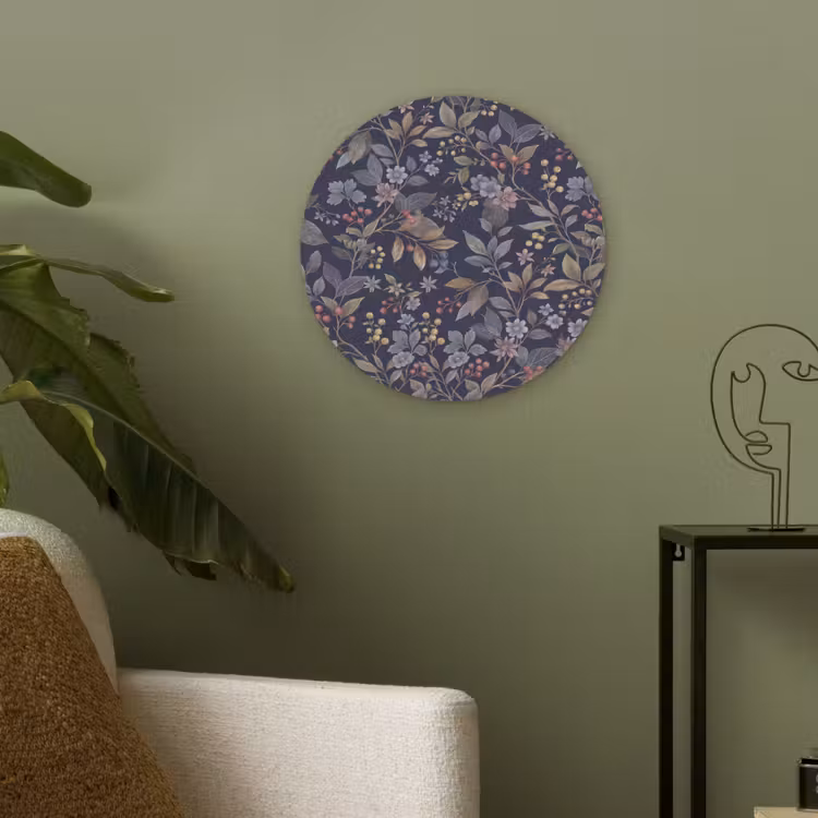 Bloemen - Bladeren - Patroon - Botanisch - Donkerblauw Akoestische PET Vilt - Rond klein -sfeer2