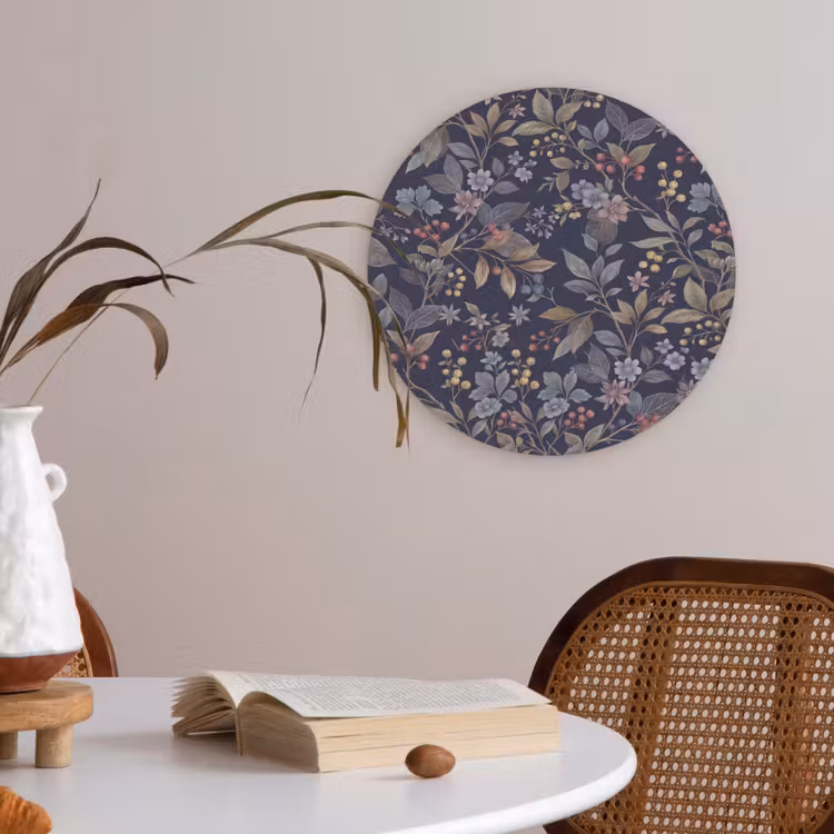 Bloemen - Bladeren - Patroon - Botanisch - Donkerblauw Akoestische PET Vilt - Rond klein -sfeer3