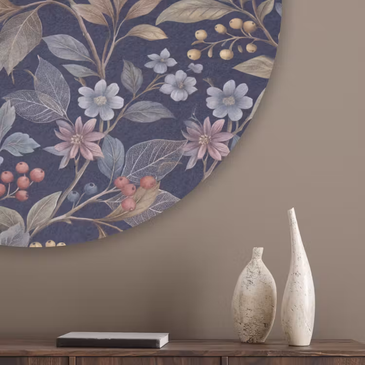 Bloemen - Bladeren - Patroon - Botanisch - Donkerblauw Akoestische PET Vilt - Rond klein -sfeer5_closeup
