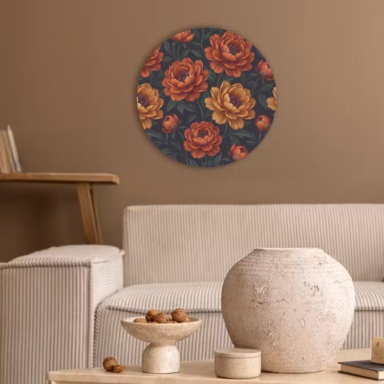 Bloemen - Bladeren - Natuur - Modern - Oranje Akoestische PET Vilt - Rond klein -sfeer1