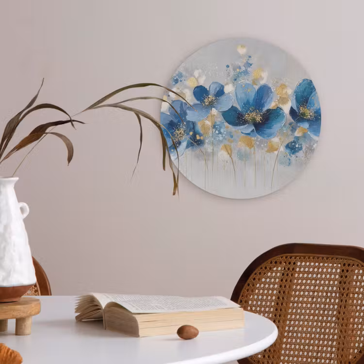 Bloemen - Blauw - Abstract Akoestische PET Vilt - Rond klein -sfeer3