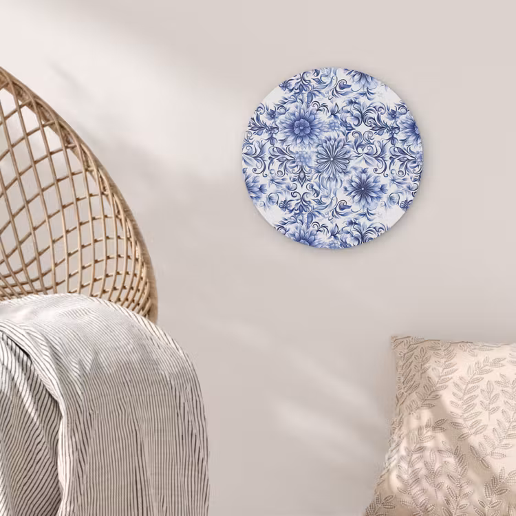 Bloemen - Blauw - Patroon - Wit Akoestische PET Vilt - Rond klein 838 -sfeer4