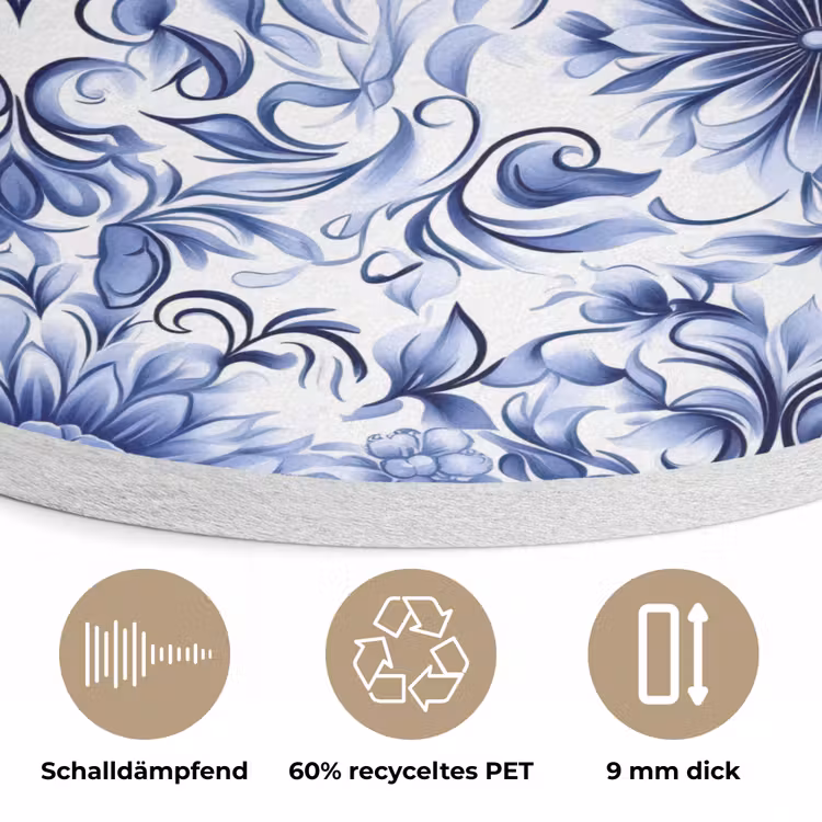 Bloemen - Blauw - Patroon - Wit Akoestische PET Vilt - Rond klein 838 -closeup_DE