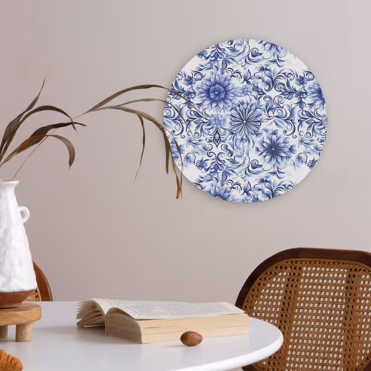 Bloemen - Blauw - Patroon - Wit Akoestische PET Vilt - Rond klein 838 -sfeer3