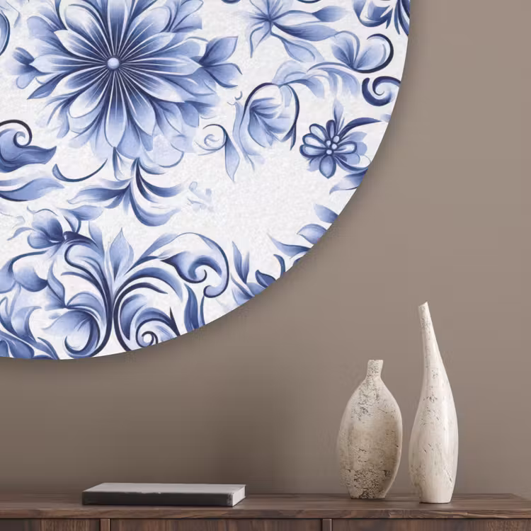 Bloemen - Blauw - Patroon - Wit Akoestische PET Vilt - Rond klein 838 -sfeer5_closeup