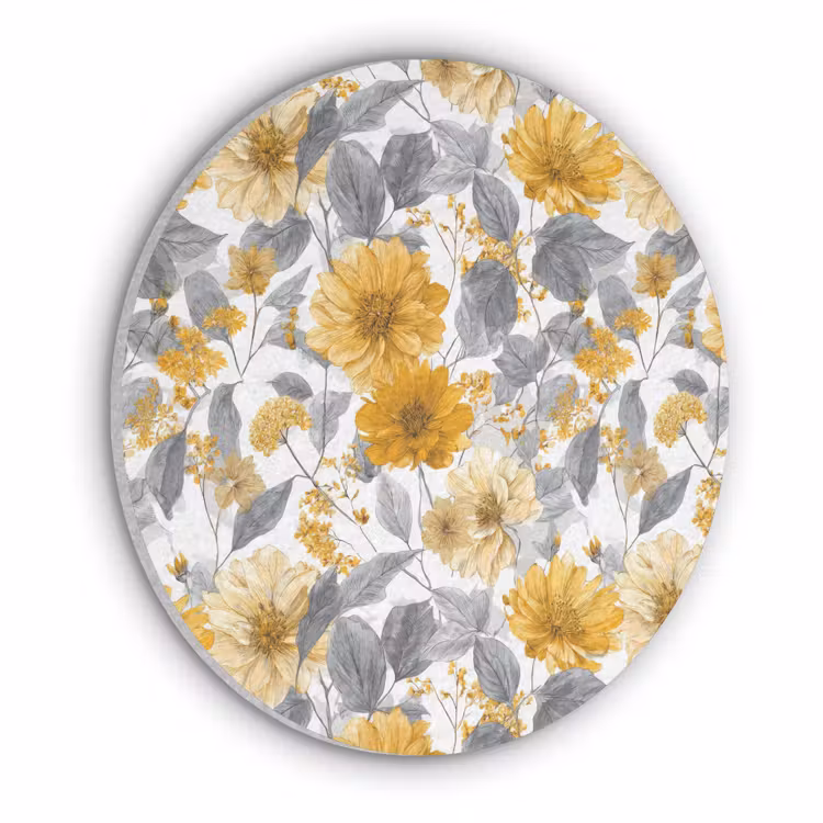 Bloemen - Botanisch - Elegant - Okergeel - Grijs Akoestische PET Vilt - Rond klein 838 -3d