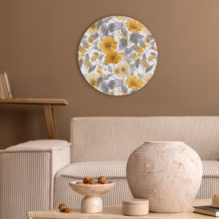 Bloemen - Botanisch - Elegant - Okergeel - Grijs Akoestische PET Vilt - Rond klein 838 -sfeer1