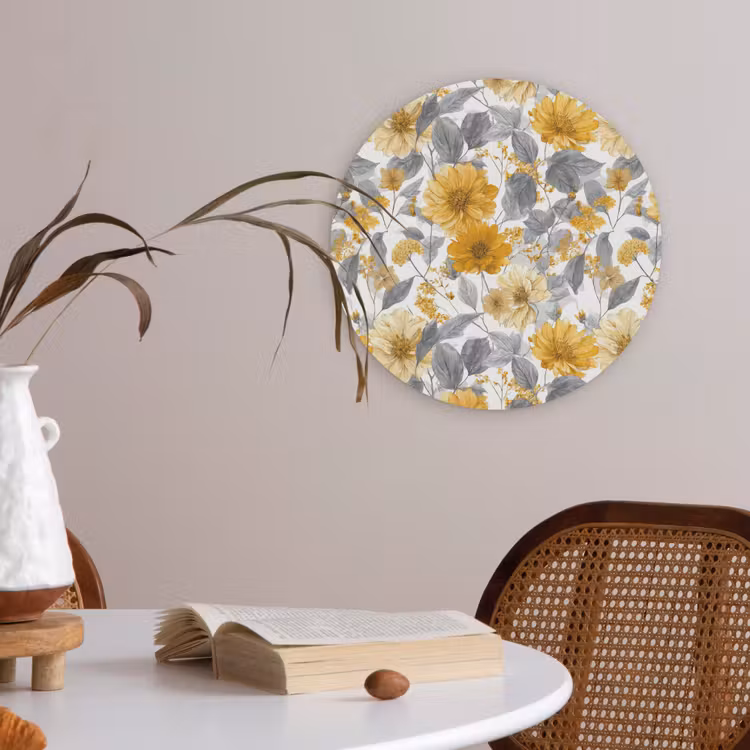 Bloemen - Botanisch - Elegant - Okergeel - Grijs Akoestische PET Vilt - Rond klein 838 -sfeer3