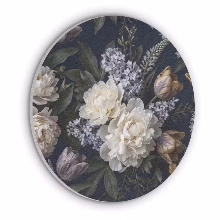 Bloemen - Donker - Elegant - Natuur - Wit Akoestische PET Vilt - Rond klein -3d