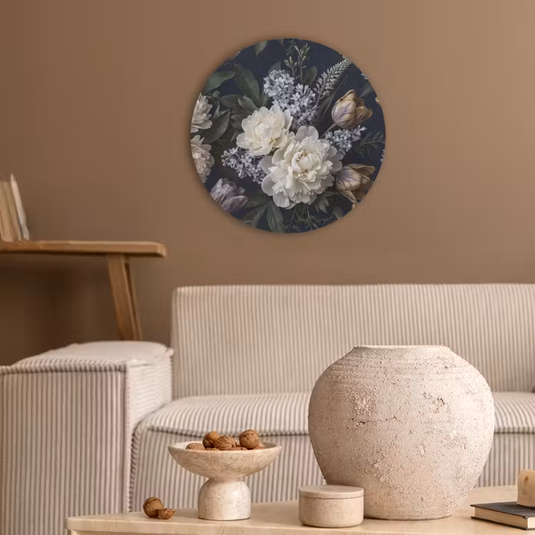 Bloemen - Donker - Elegant - Natuur - Wit Akoestische PET Vilt - Rond klein -sfeer1
