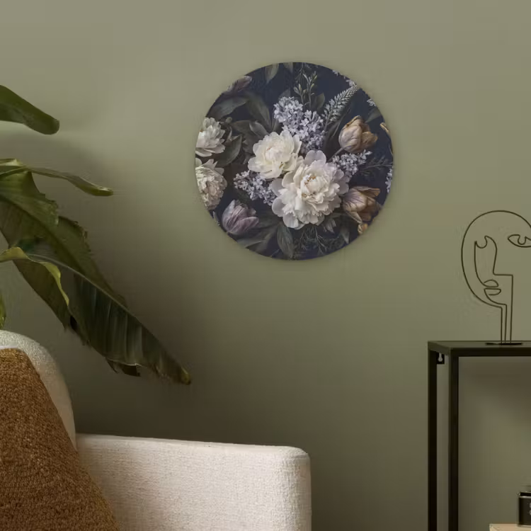Bloemen - Donker - Elegant - Natuur - Wit Akoestische PET Vilt - Rond klein -sfeer2