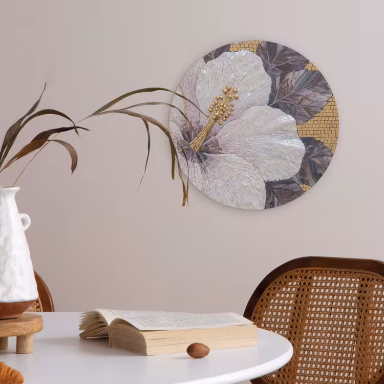 Bloemen - Mozaïek - Kunst - Modern - Goud Akoestische PET Vilt - Rond klein -sfeer3