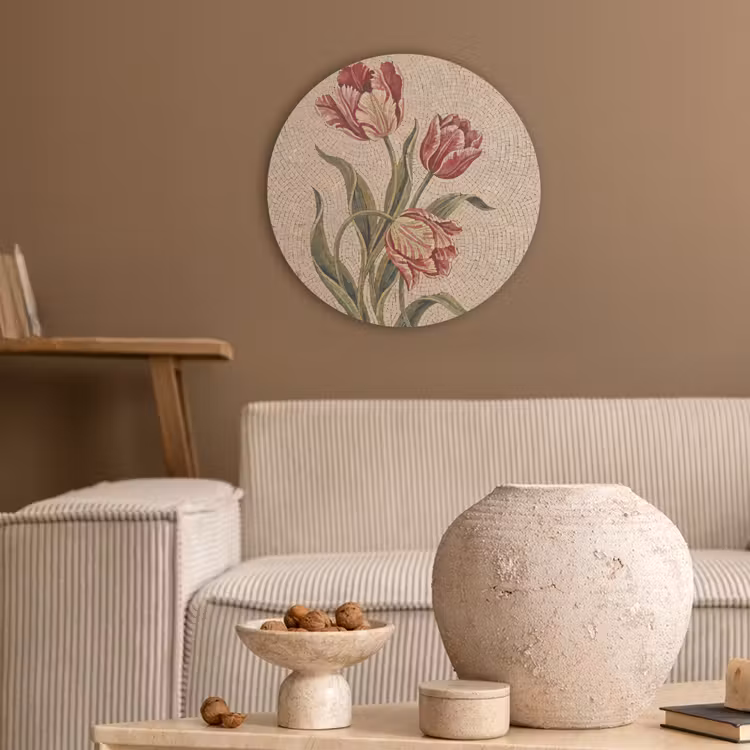 Bloemen - Mozaïek - Rood - Groen - Kunst Akoestische PET Vilt - Rond klein -sfeer1