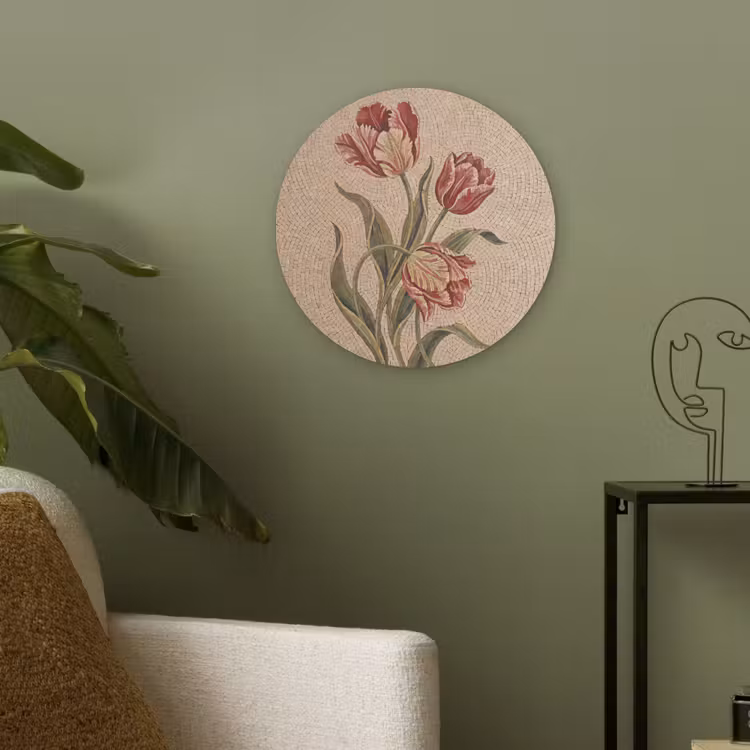 Bloemen - Mozaïek - Rood - Groen - Kunst Akoestische PET Vilt - Rond klein -sfeer2