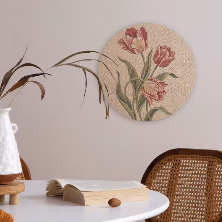 Bloemen - Mozaïek - Rood - Groen - Kunst Akoestische PET Vilt - Rond klein -sfeer3