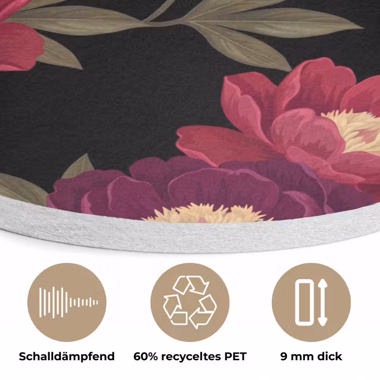 Bloemen - Patroon - Botanisch - Rood - Zwart Akoestische PET Vilt - Rond klein -closeup_DE