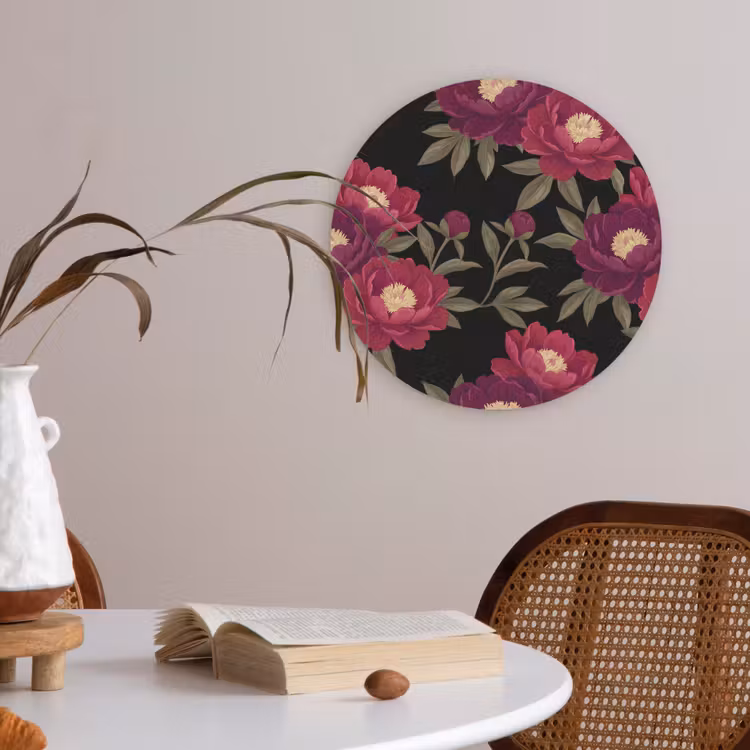 Bloemen - Patroon - Botanisch - Rood - Zwart Akoestische PET Vilt - Rond klein -sfeer3