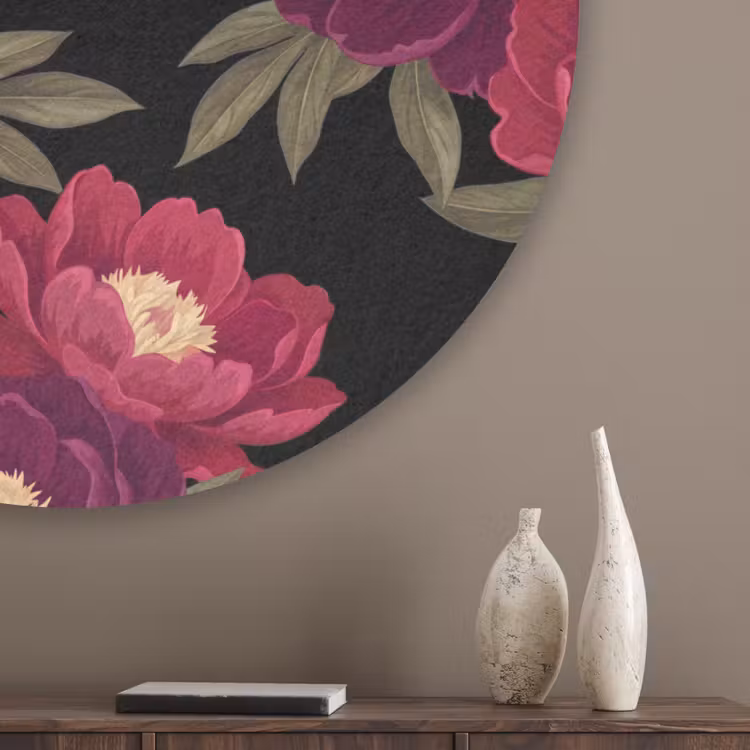 Bloemen - Patroon - Botanisch - Rood - Zwart Akoestische PET Vilt - Rond klein -sfeer5_closeup
