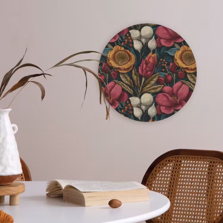 Bloemen - Patroon - Rood - Goud Akoestische PET Vilt - Rond klein 838 -sfeer3
