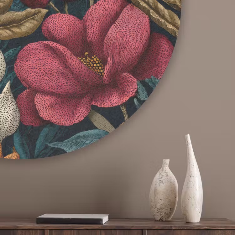 Bloemen - Patroon - Rood - Goud Akoestische PET Vilt - Rond klein 838 -sfeer5_closeup