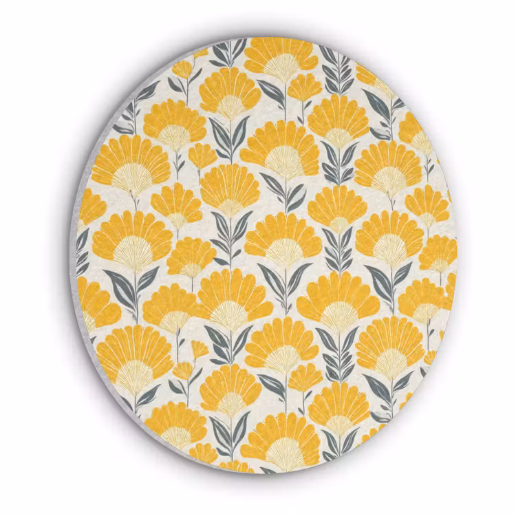 Bloemen - Retro - Botanisch - Okergeel - Grijs Akoestische PET Vilt - Rond klein 838 -3d