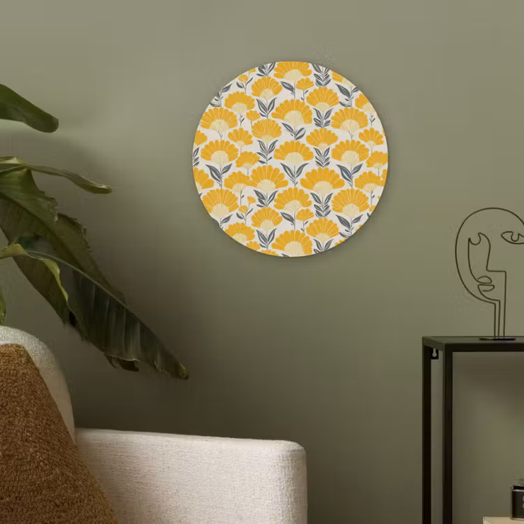 Bloemen - Retro - Botanisch - Okergeel - Grijs Akoestische PET Vilt - Rond klein 838 -sfeer2