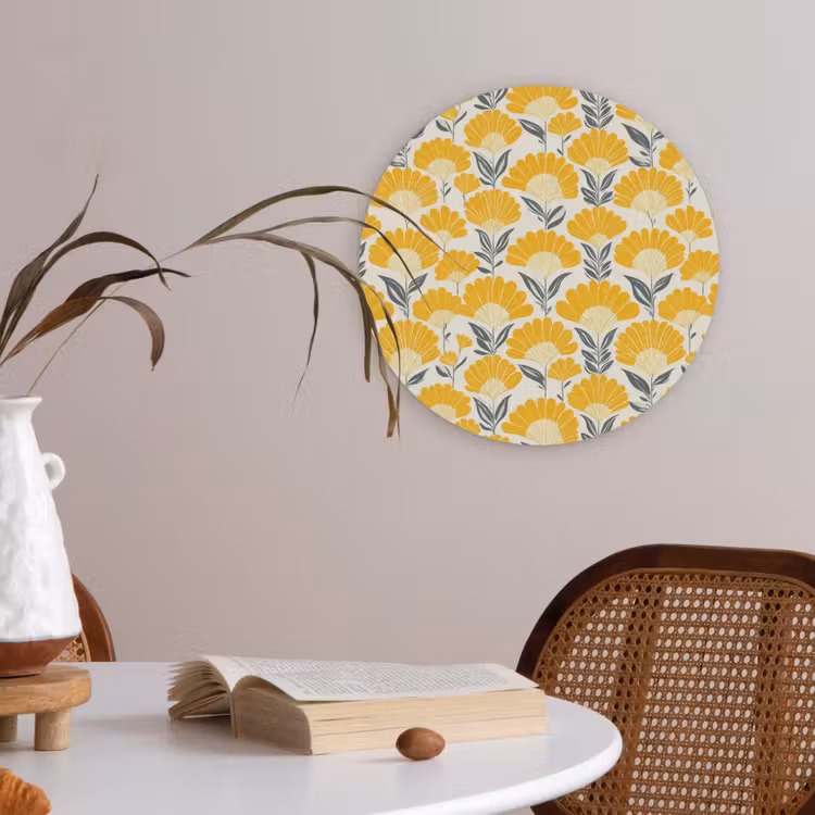 Bloemen - Retro - Botanisch - Okergeel - Grijs Akoestische PET Vilt - Rond klein 838 -sfeer3
