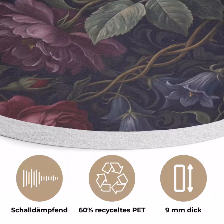 Bloemen - Rood - Klassiek - Donker - Patroon Akoestische PET Vilt - Rond klein -closeup_DE