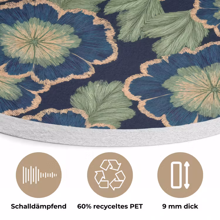 Bloemen - Borduurwerk - Patroon - Blauw - Groen Akoestische PET Vilt - Rond klein 838 -closeup_DE