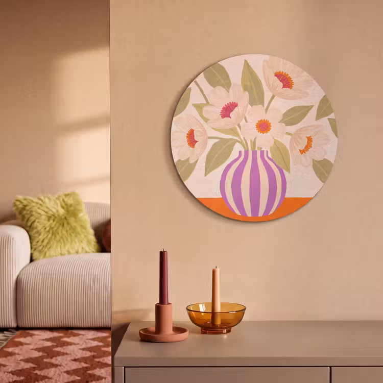 Bloemen - Vaas - Abstract - Paars - Oranje Akoestische PET Vilt - Rond klein -sfeer1