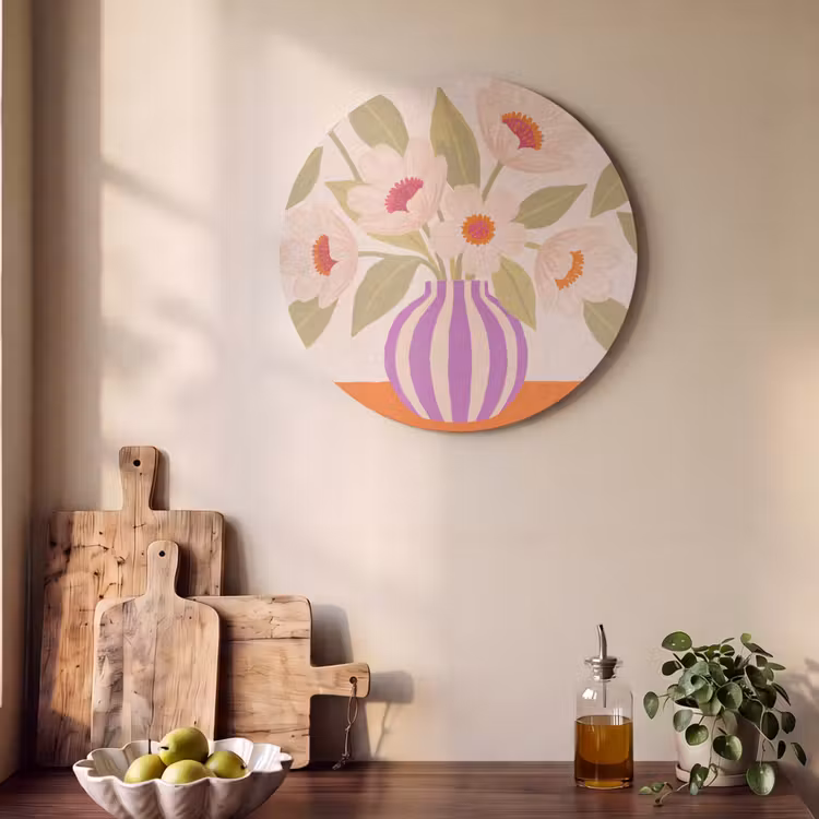 Bloemen - Vaas - Abstract - Paars - Oranje Akoestische PET Vilt - Rond klein -sfeer2