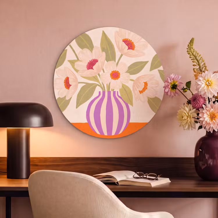 Bloemen - Vaas - Abstract - Paars - Oranje Akoestische PET Vilt - Rond klein -sfeer3