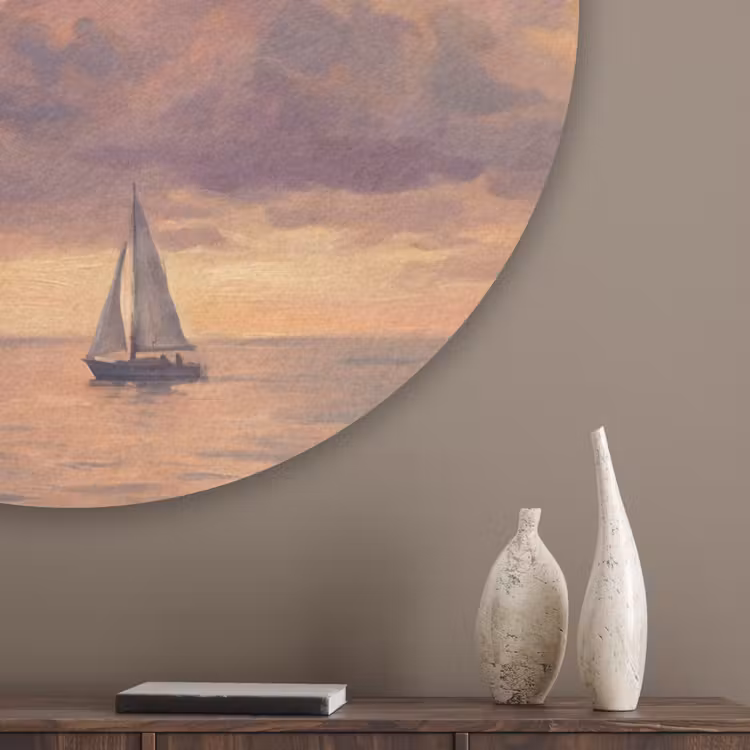Boot - Zonsondergang - Zee - Natuur - Goud Akoestische PET Vilt - Rond klein -sfeer5_closeup
