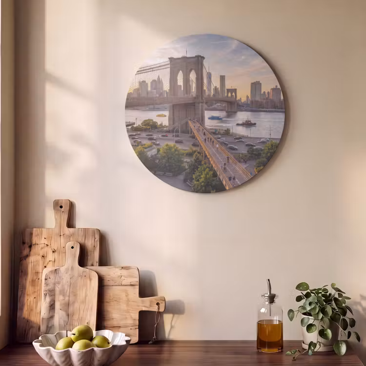 Brug - Rivier - Stad - Zonsondergang - Architectuur Akoestische PET Vilt - Rond klein -sfeer2