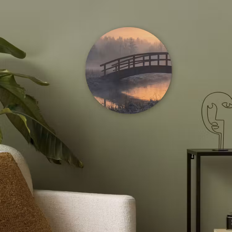 Brug - Mist - Bomen - Water Akoestische PET Vilt - Rond klein -sfeer2