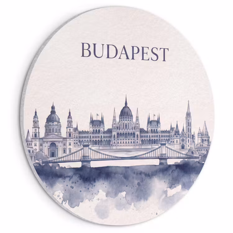 Boedapest - Skyline - Architectuur - Aquarel - Blauw Akoestische PET Vilt - Rond klein -3d