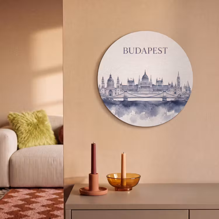 Boedapest - Skyline - Architectuur - Aquarel - Blauw Akoestische PET Vilt - Rond klein -sfeer1