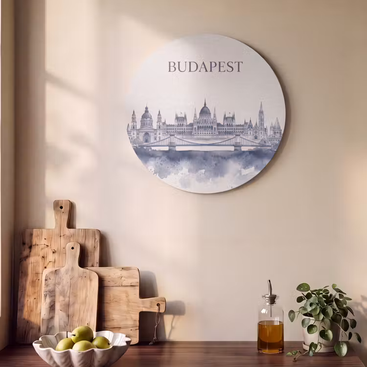 Boedapest - Skyline - Architectuur - Aquarel - Blauw Akoestische PET Vilt - Rond klein -sfeer2